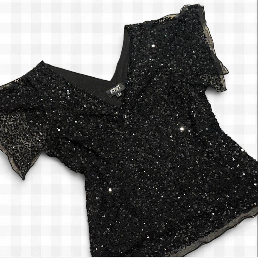 Adrianna Papell Boutique Black Sequin V-Neck Top- 1X